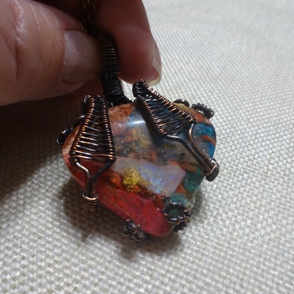 Artistic "OYSTER TURQUOISE" Handmade COPPER WIRE-WRAPPED Pendant/Chain #332B - Picture 3 of 3